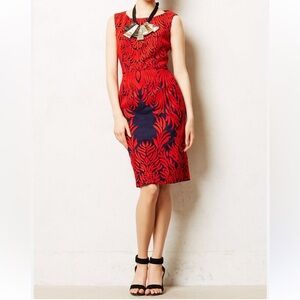 Anthropologie Women’s Pankaj & Nidhi Spice Tree Red Navy Embrd Sheath Dress 6 P